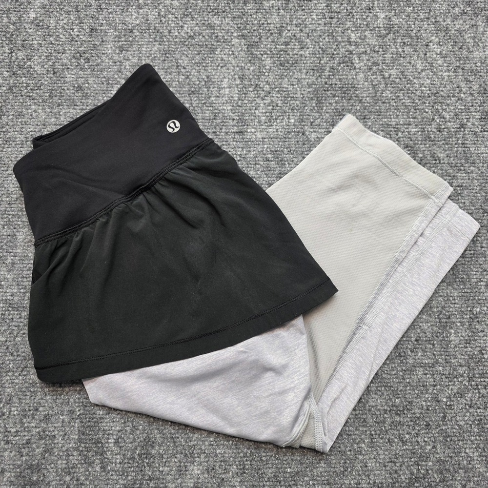 Lululemon 2-in-1 Skirted Crop Leggings Grey Black Mesh Size 6 Yoga Running - Picture 1 of 12
